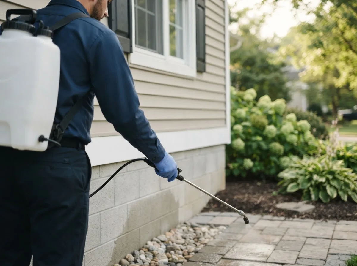 Pest control technician inspecting a home in Stockton, IL